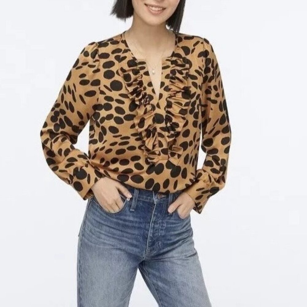 J. Crew Long Sleeve Ruffle Front Wavy Dots Popover Blouse Yellow & Black Women S